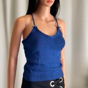 Lauren Ralph Lauren Knit Tank Top Blue Spaghetti Strap V Neck Women's Size S